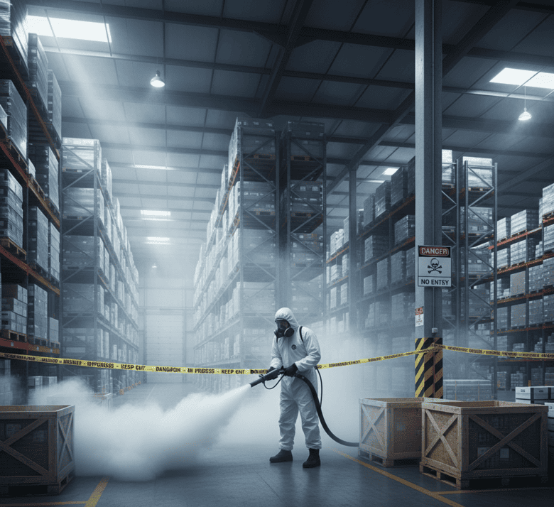 operatore specializzato in fumigazione di magazzino industriale con dpi completi mentre disperde gas fumigante tra scaffalature e pallet con area interdetta e segnaletica di pericolo